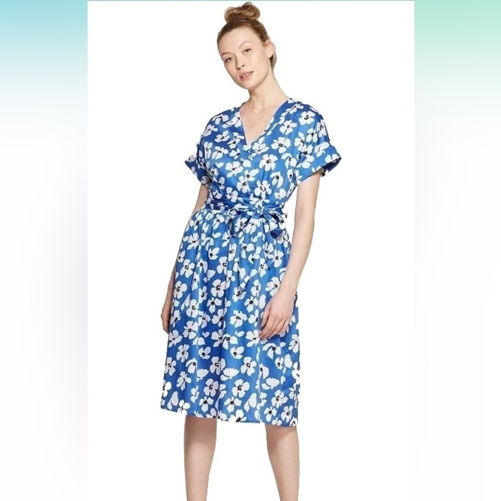 WHO What Wear Blue and White Floral Print Wrap Short Sleeve Dress Size S